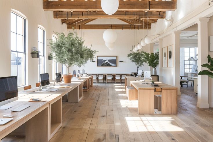 An open-plan office with grouped desks, soft lighting and a separate quiet seating area