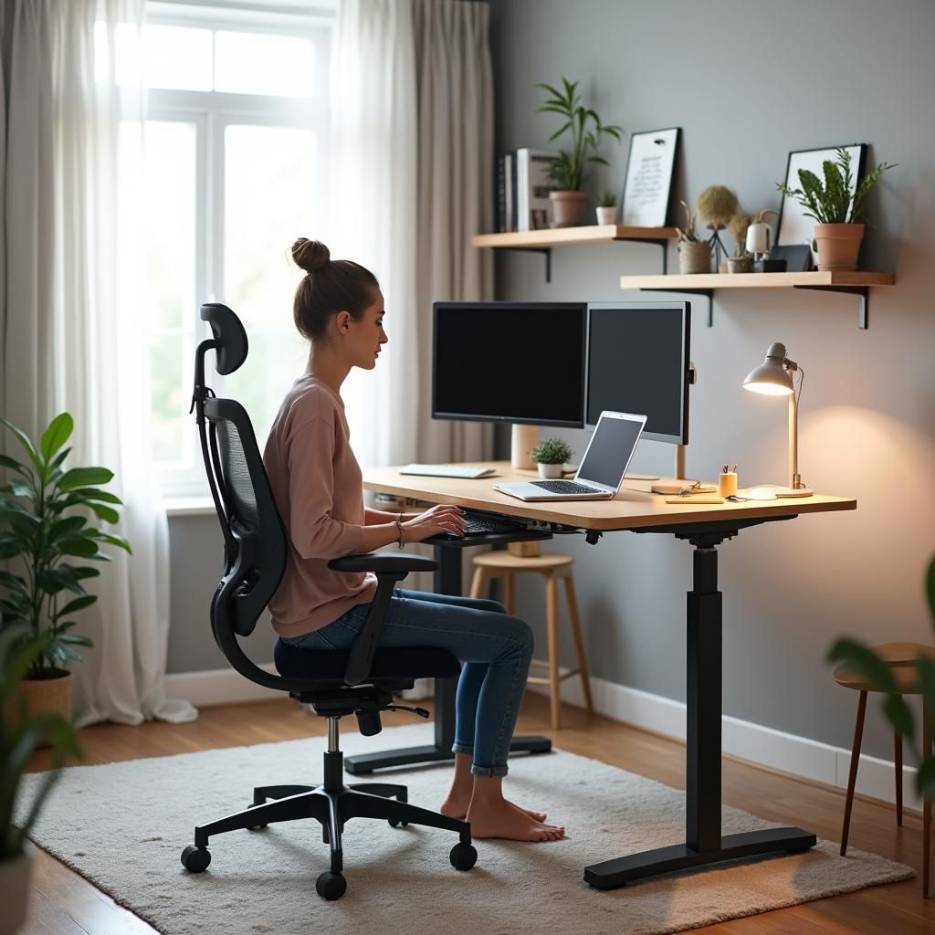 A person seated at a desk with feet flat on the floor and a monitor raised to eye level
